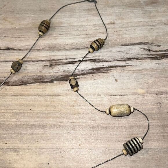 Wood bead necklace woman’s 36” carved beads spaced with chain bohemian core - Picture 4 of 6